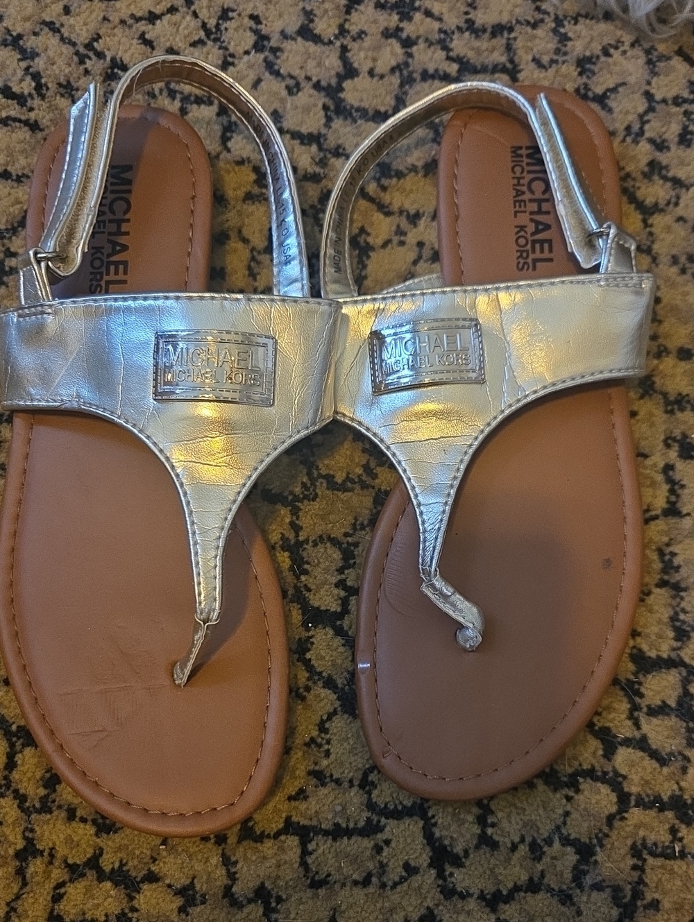 Michael Kors Metallic Silver Thong Sandals with Tan Footbed
